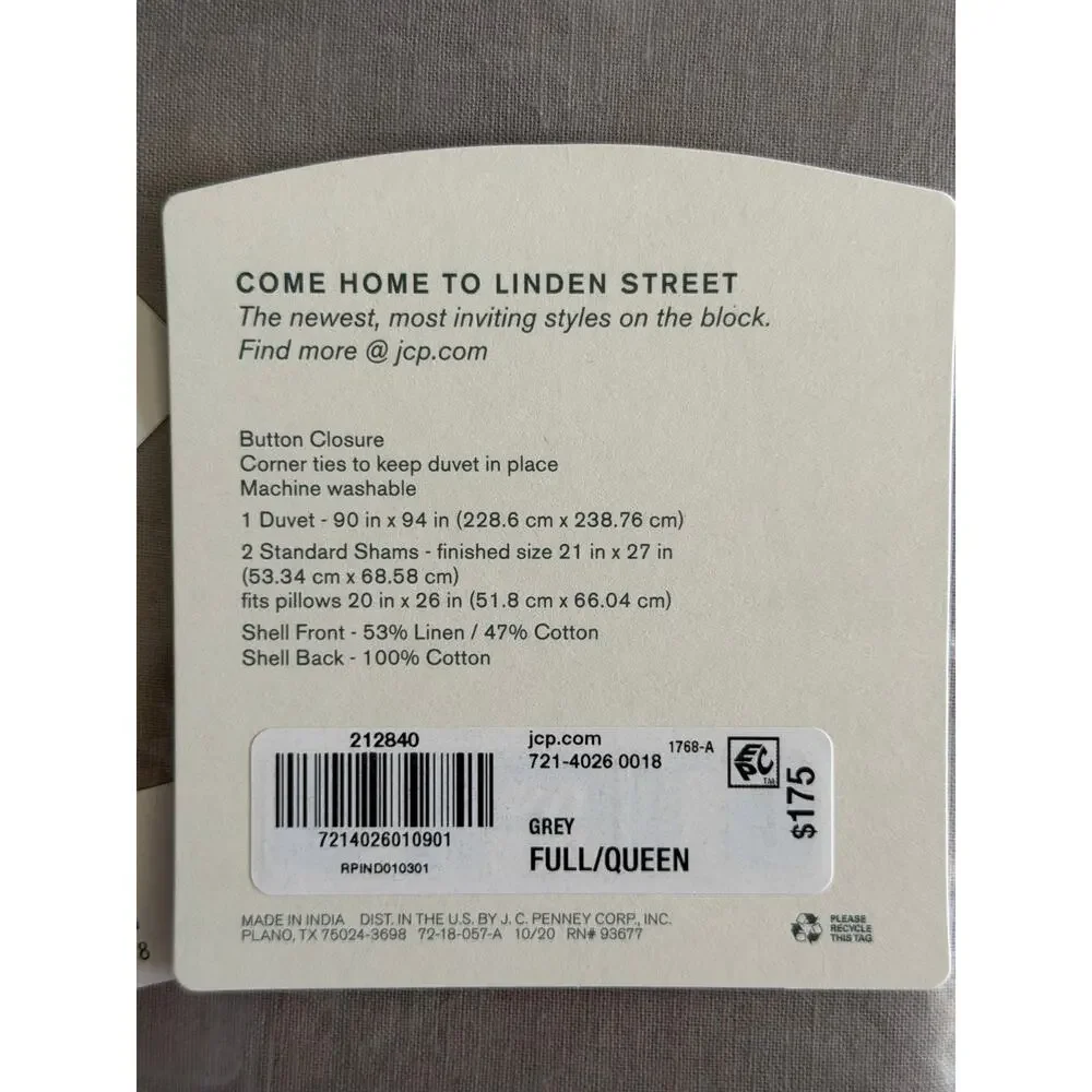 NEW! Linden Street Full/Queen Solana Linen Blend 3PC Duvet Set Gray